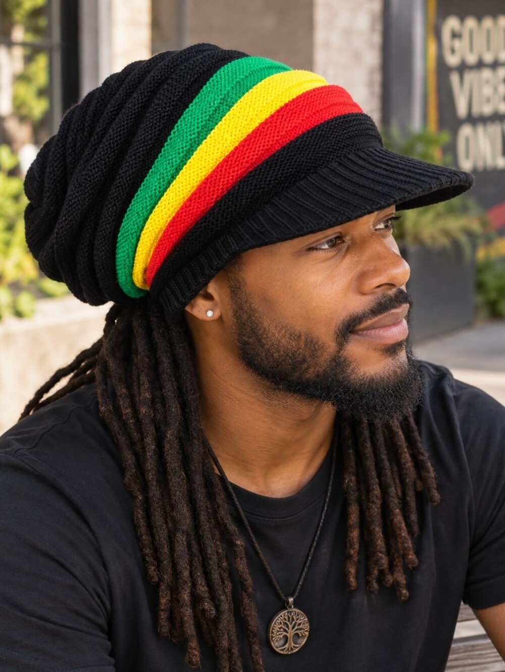 Rasta Black Red Yellow Green Knit Slouch Beanie Visor Brim Hat -R